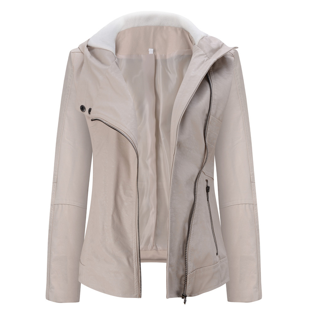 Fashion Hooded Long-sleeved Pure Color Women's Leather Jacket
