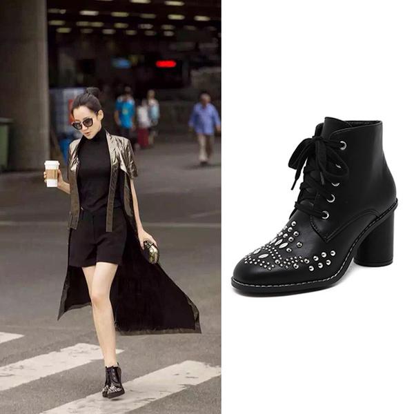 Studded Round Toe Lace Up Ankle Boots With Circular Heel