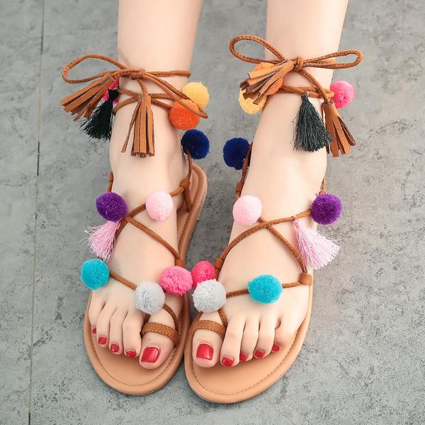 Faux Suede Lace-up Flat Sandals Featuring Colourful Pom-poms And Tassels