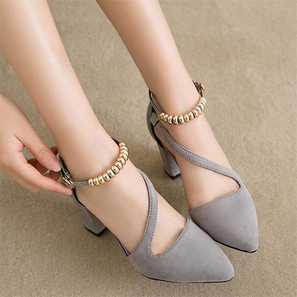 Pointed Toe Ankle Beadings Wrap Low Chunky Heels Party Shoes