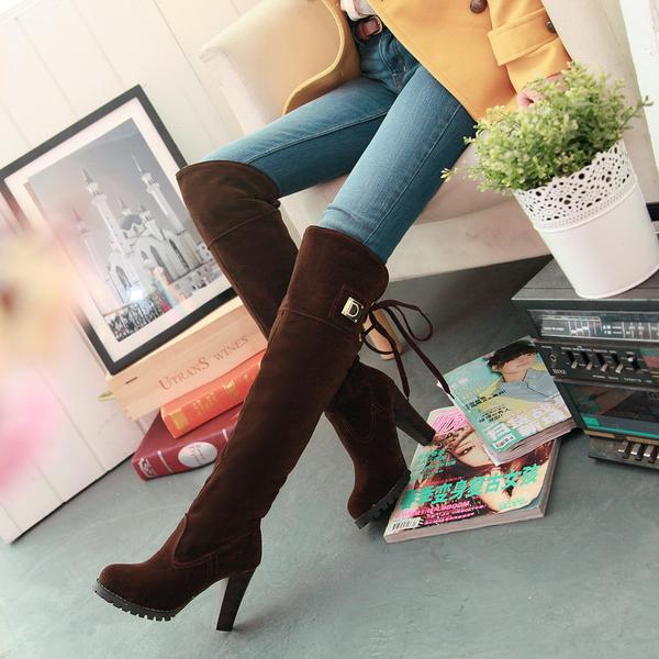 Solid Color Back Lace Up Chunky High Heels Over-knee Long Boots