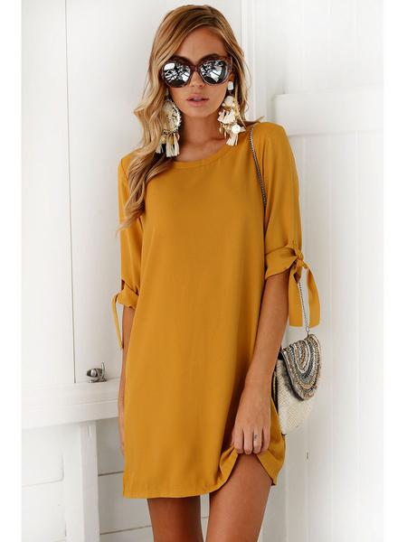 Bursts Of Pure Color Lace In The Sleeve Round Neck Dress