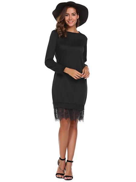 Pure Color Round Neck Long Sleeves Lace Party Dress