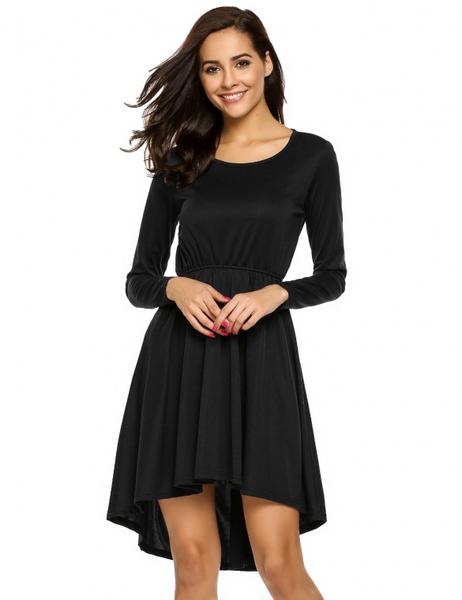 Pure Color Round Neck Long Sleeves Irregular Party Dress