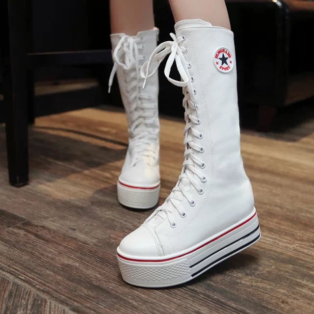 Canvas Lace Up Flat Round Toe Half Sneaker Boots on Luulla