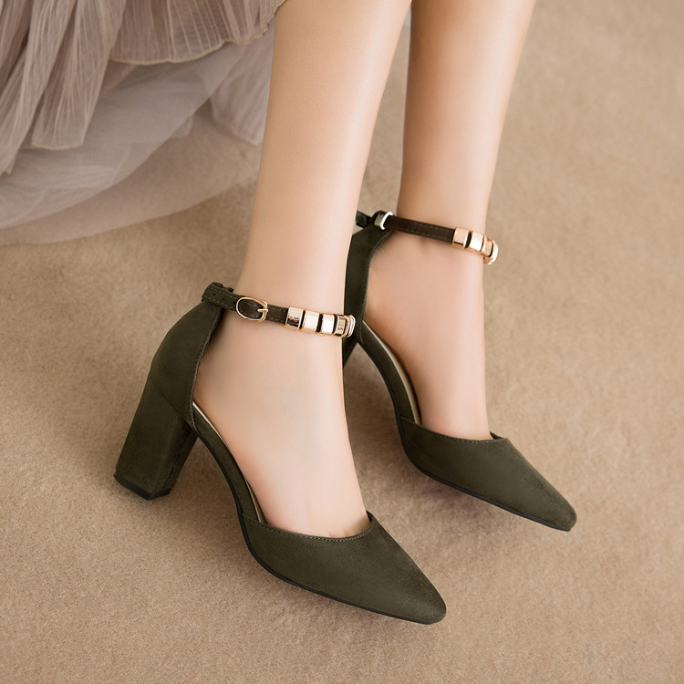 Beadings Ankle Wrap Pointed Toe Low Cut Low Chunky Heels