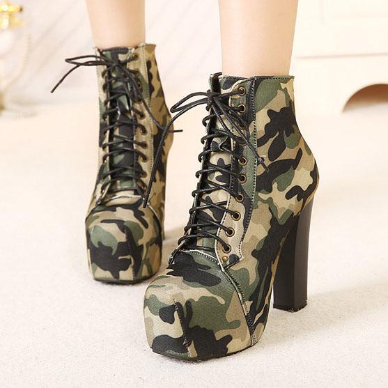 Army Green Camouflage Lace Up Chunky High Heels Short Boots on Luulla