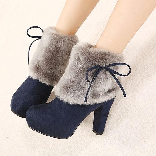 Faux Fur Round Toe Platform Inside High Heels Short Boots