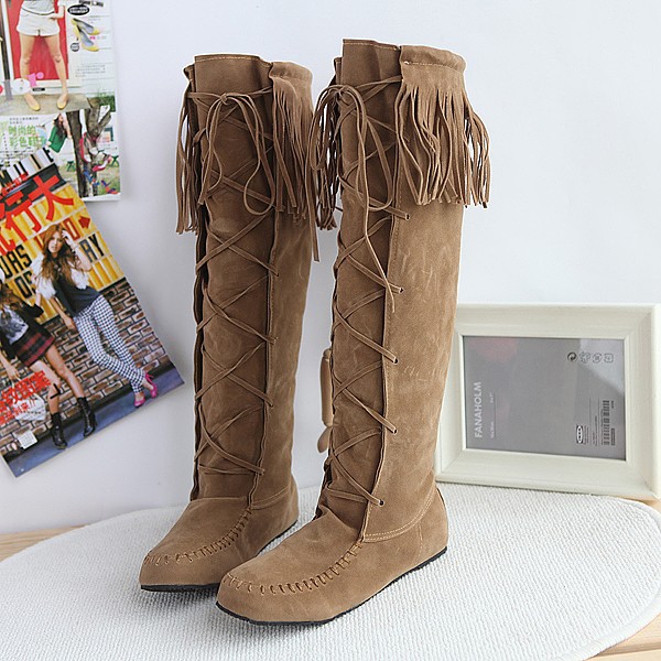 Tassels Lace Up Round Toe Suede Flat Knee-length Long Boots