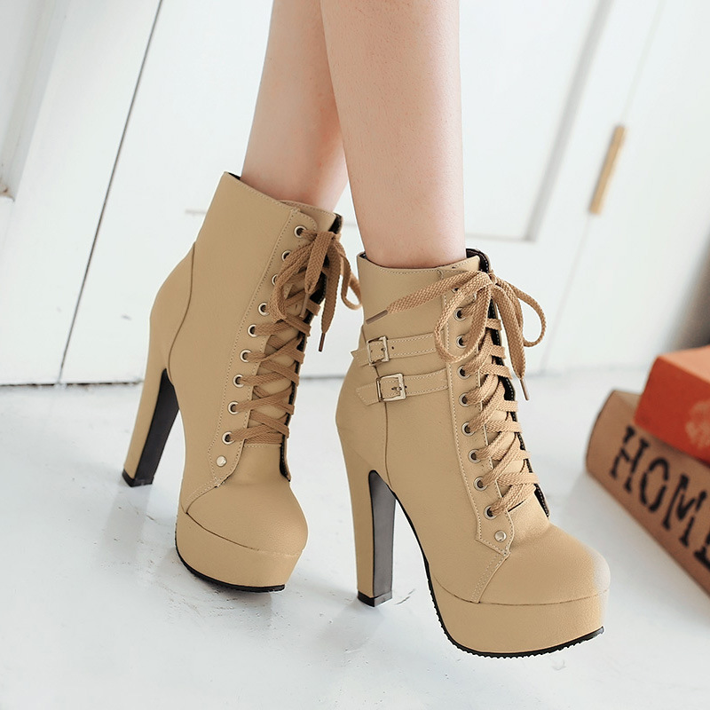 New Womens Round Toe Platform Buckle High Heels Pumps Lace Up Ankle Boots  Shoes