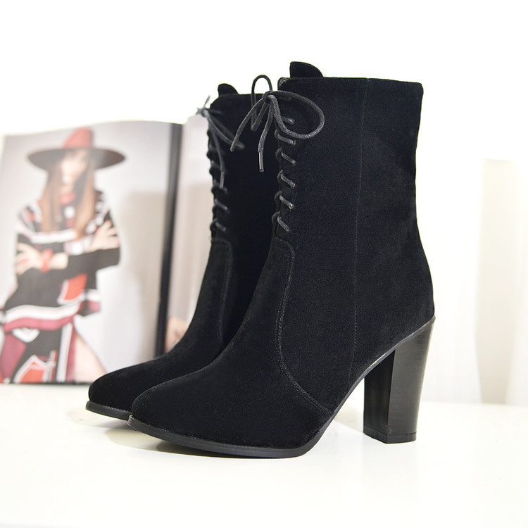 Faux Suede Lace-up Pointed-toe Mid-calf Chunky Heel Boots