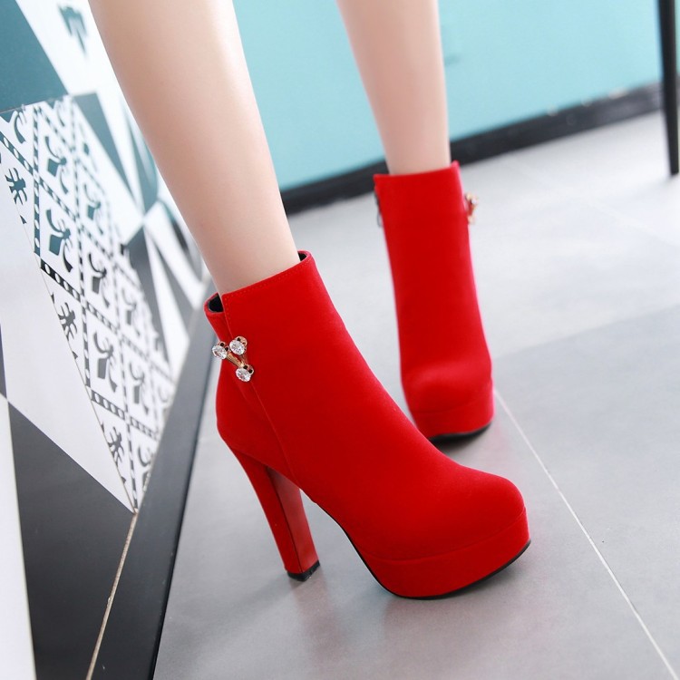 Solid Color Round Toe Crystal Decorate High Heels Short Boots