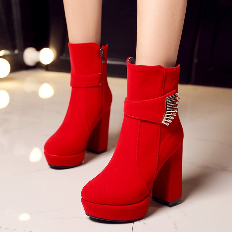 Suede Crystal Platform High Chunky Heels Short Boots on Luulla