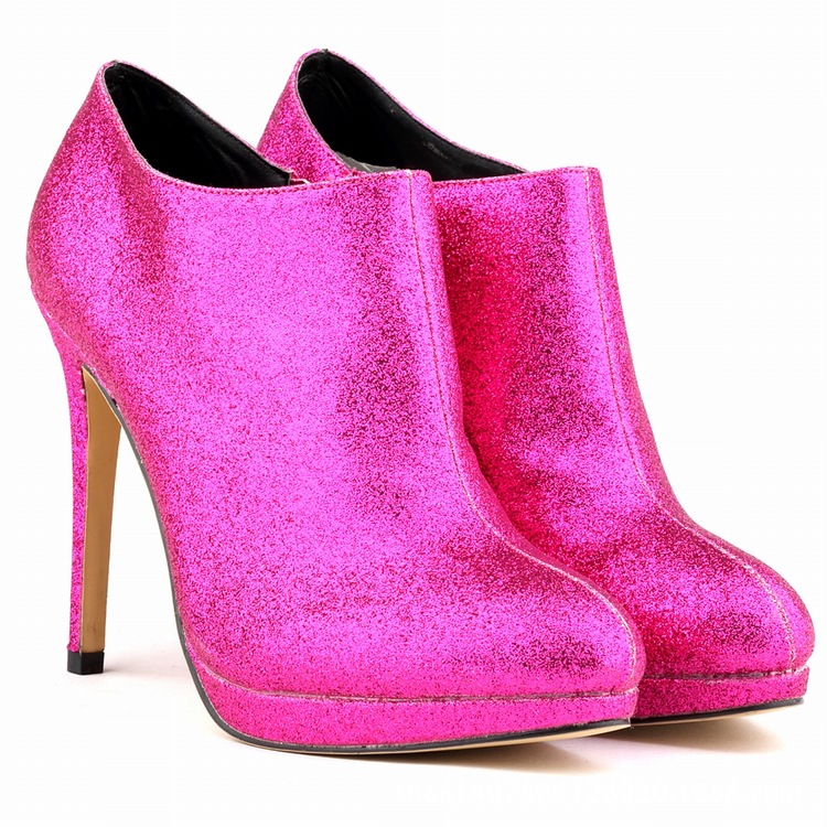 Pink Glittery Metallic Round Toe High Heel Short Boots, Stiletto Ankle Boots
