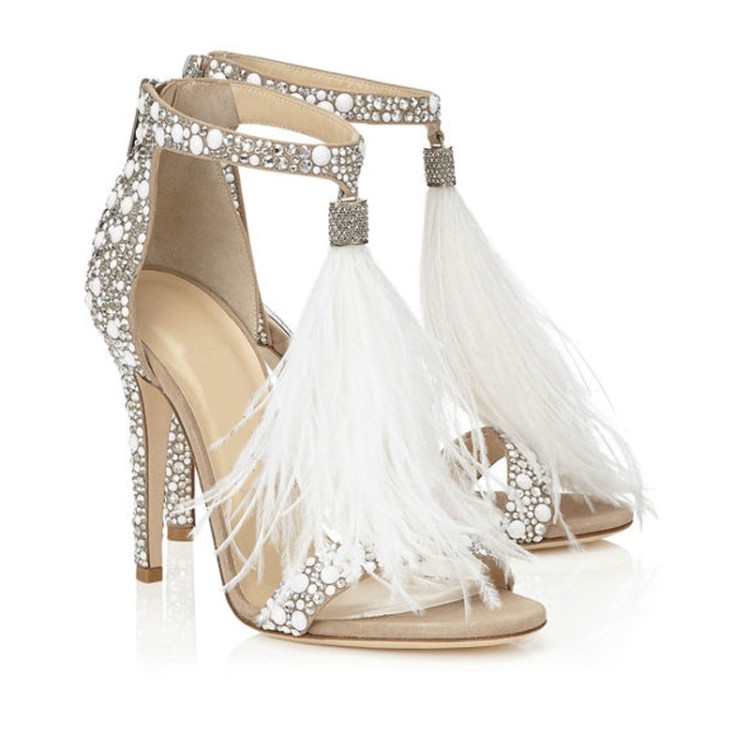 Open-toe Beaded Ankle Strap Stilettos, High Heels With Feather Detailing