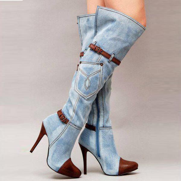 Denim Pointed Toe Patchwork Stiletto High Heels Knee-length Long Boots ...