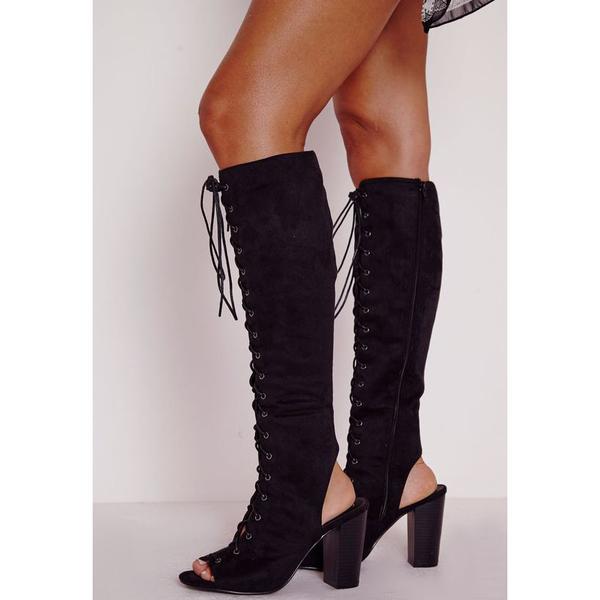 Lace Up Cut Out Peep Toe High Chunky Heels Long Boot Sandals