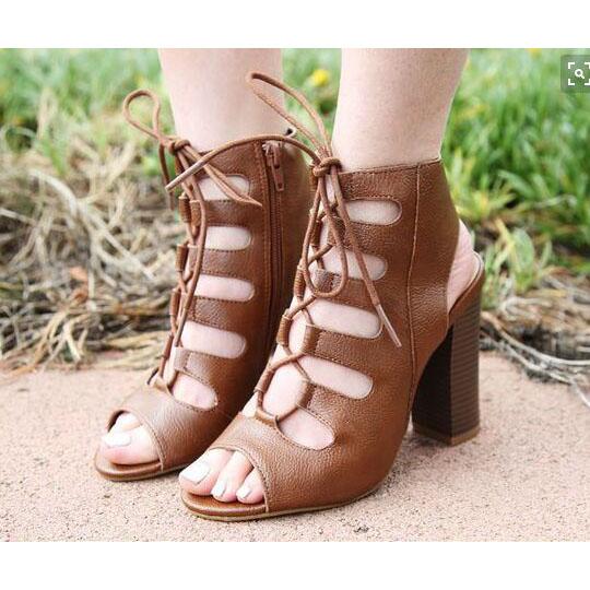 Lace Up Peep Toe High Chunky Heels Sandals