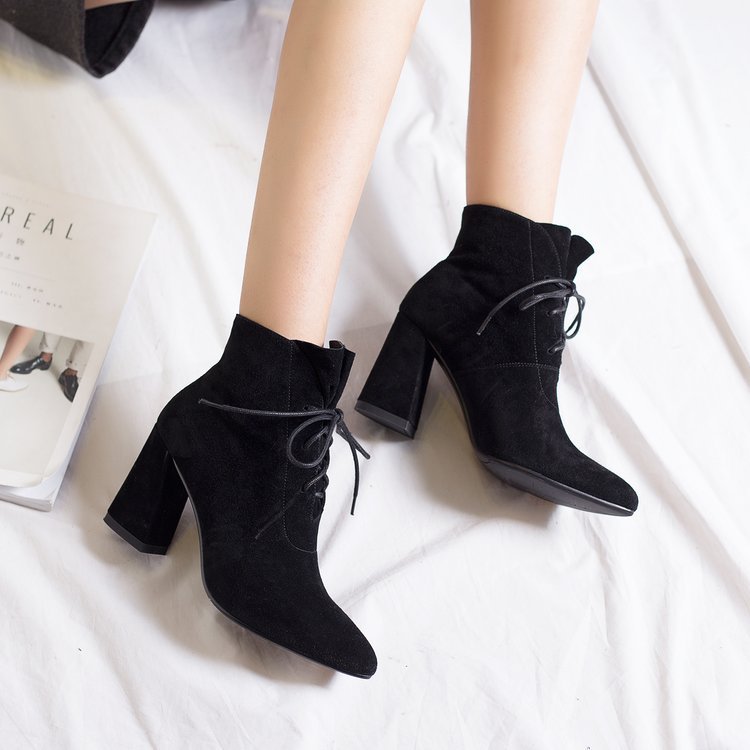 Faux Suede Pointed-toe Lace-up Chunky Heel Ankle Boots