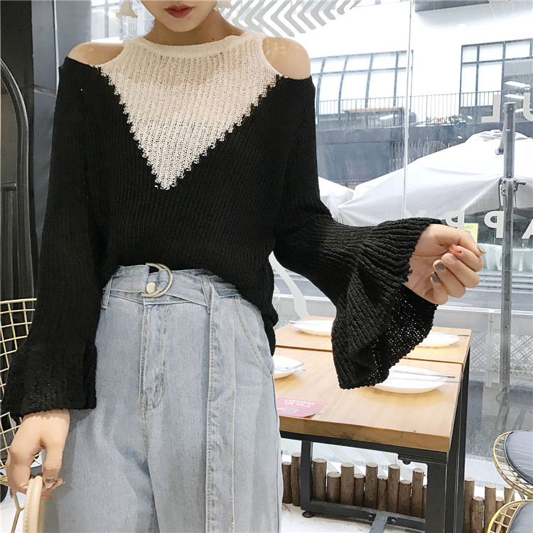Knitted Colour Block Crew Neckline Cold Shoulder Long Flared Sleeves Sweater