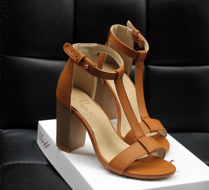 Black / Brown T-strap Chunky Block Heel Leather Sandals