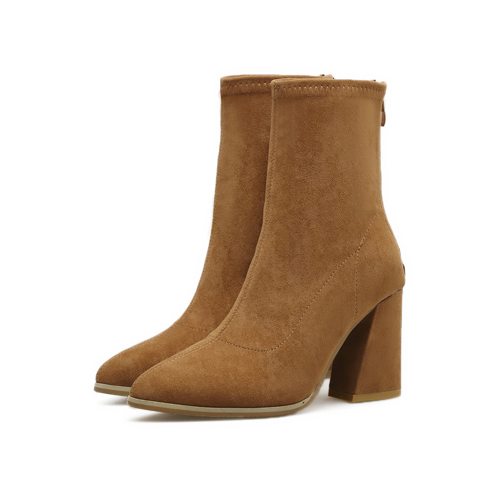 Faux Suede Pointed-toe Chunky Heel Mid-calf Boots Featuring Back Zipper