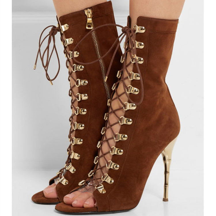 Faux Suede Lace-up Peep-toe High Heel Mid-calf Boots