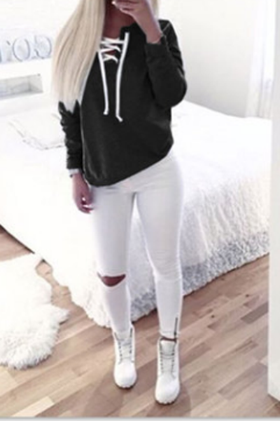 Pure Color Round Lace Up Long Sleeves Sweatshirt
