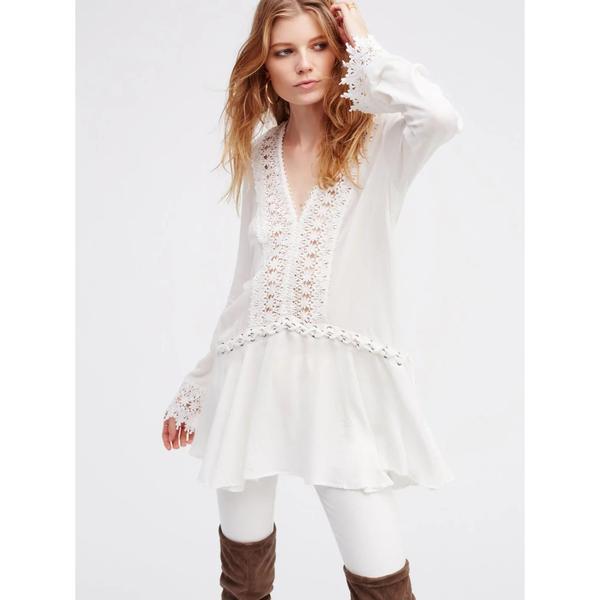 Deep V-neck Lace Patchwork Short Loose Pleated Dress