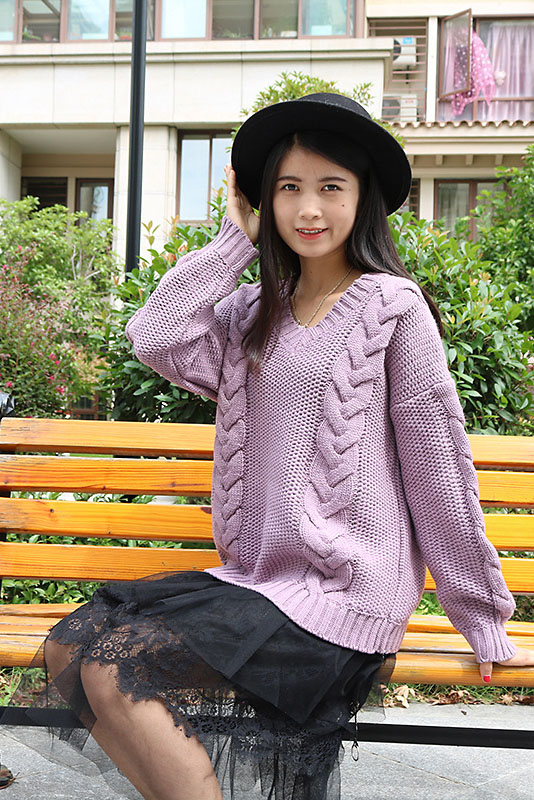 V-neck Cable Knit Loose Pure Color Sweater