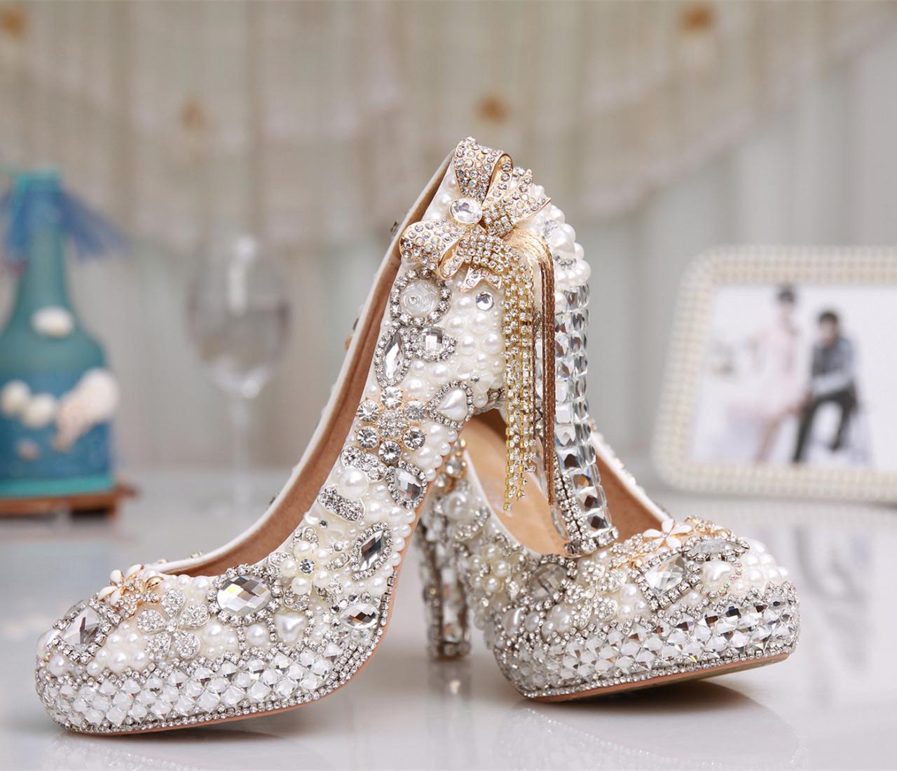 Shinning Beading Crystal Platform Bowknot Tassels Super High Stiletto Heels Bridal Shoes