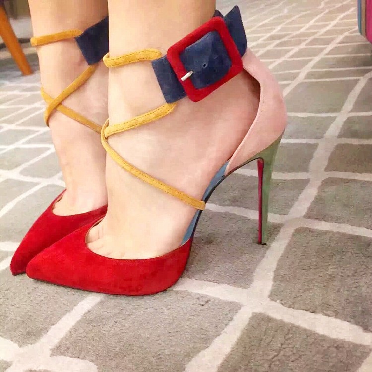 Pointed Toe Color Block Low Cut Ankle Wrap Stiletto High Heels Sandals