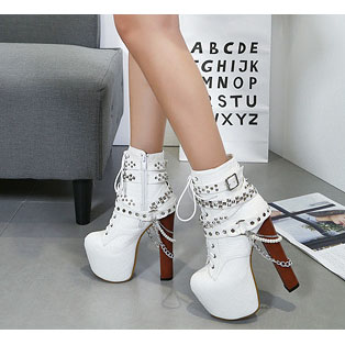 Pu Pure Color Rivets Lace-up Chunky Heel Round Toe High Heels