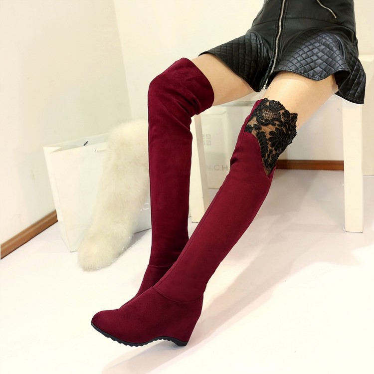 Suede Pure Color Slope Heel Round Toe Long Boots