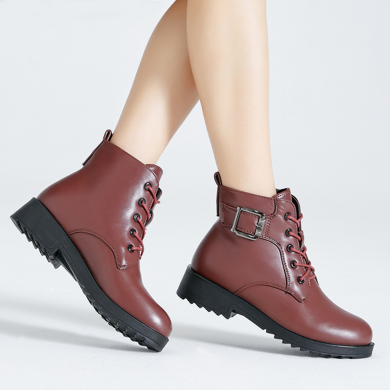 Chunky Heel Pu Pure Color Round Toe Lace-up Short Boots