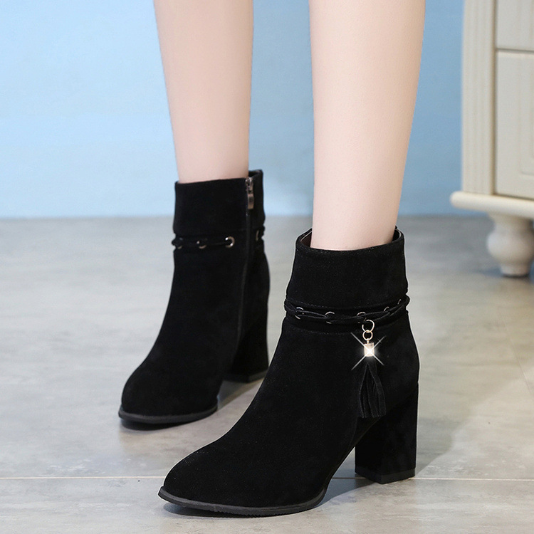 Suede Pure Color Chunky Heel Round Toe Tassel Boots