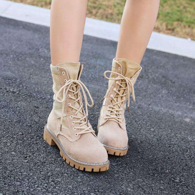 Pu Pure Color Chunky Heel Round Toe Lace-up Boots