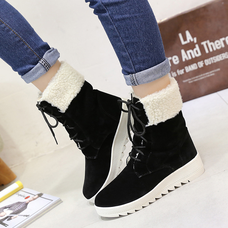 Scrub Pure Color Lace-up Slope Heel Round Toe Boots