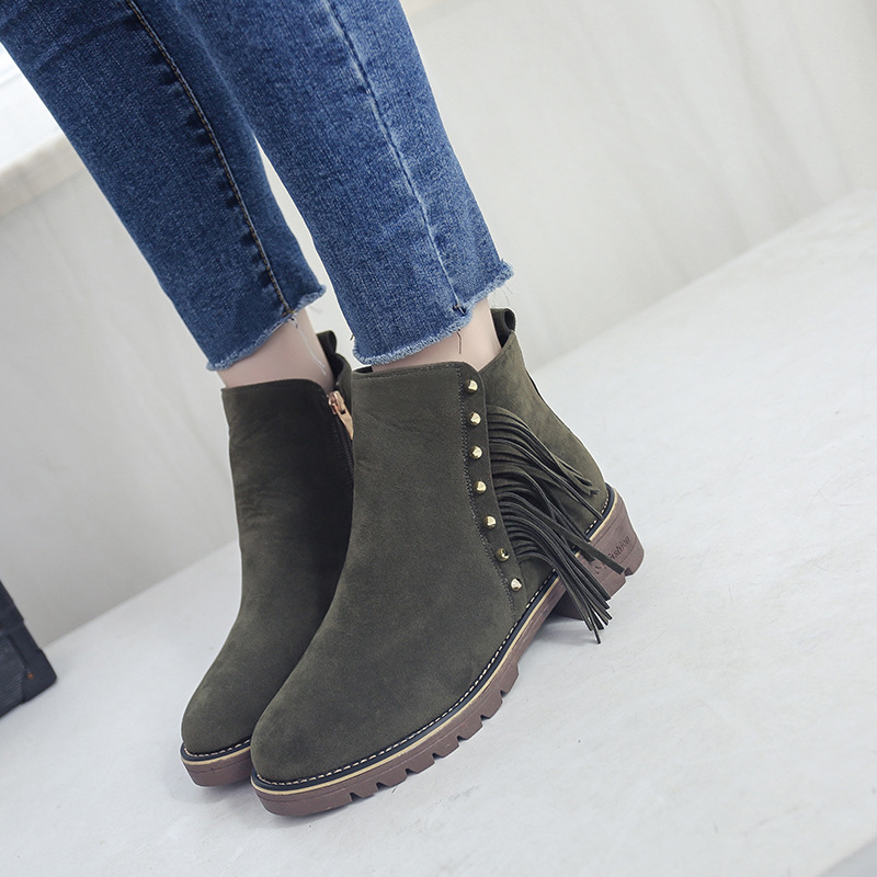 Scrub Pure color Lace-Up Rivets Chunky Heel Round Toe Boots