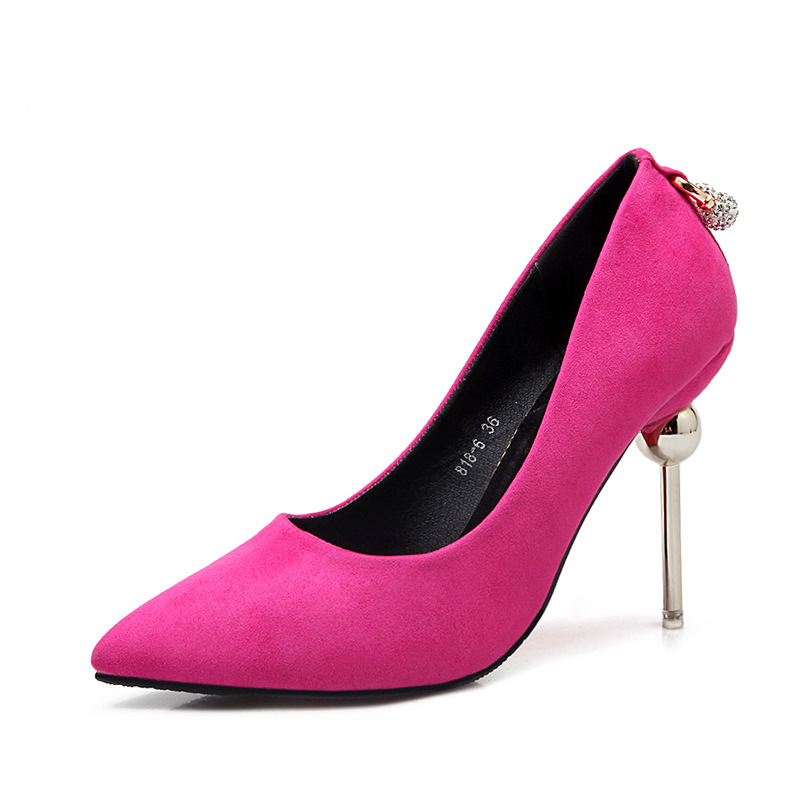 Pink Faux Suede Pointed-toe High Heel Metal Stilettos Featuring Beaded Embellishment
