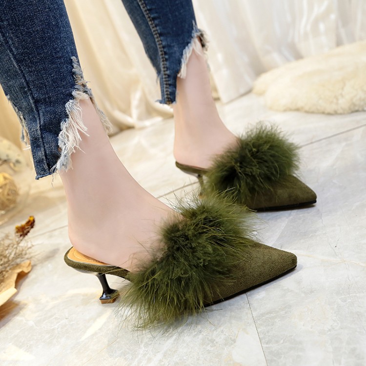 Pointed Toe Suede Slip-on Low Slender Heel With Faux Fur