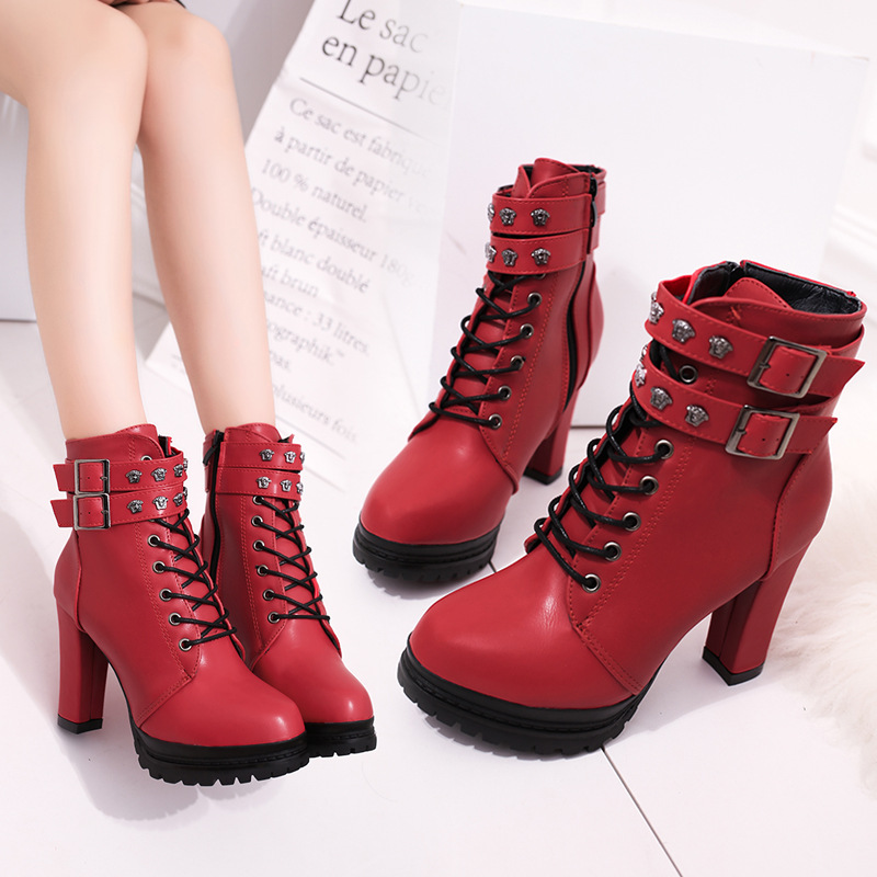 Pure Color Belt Buckle Pu Chunky Heel Round Toe Lace-up Short Boots