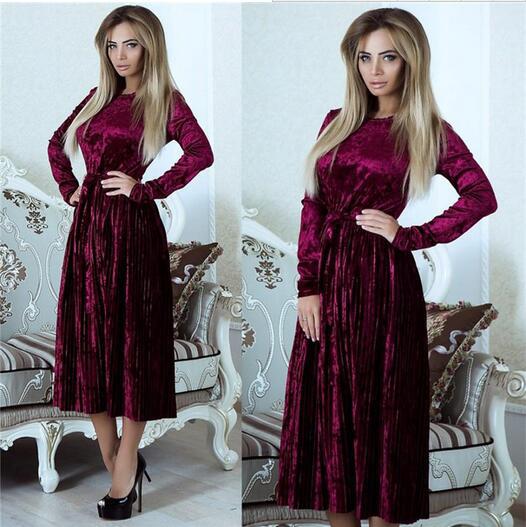 Scoop Long Sleeves Lace Patchwork Flared Pleated Knee-length Dress