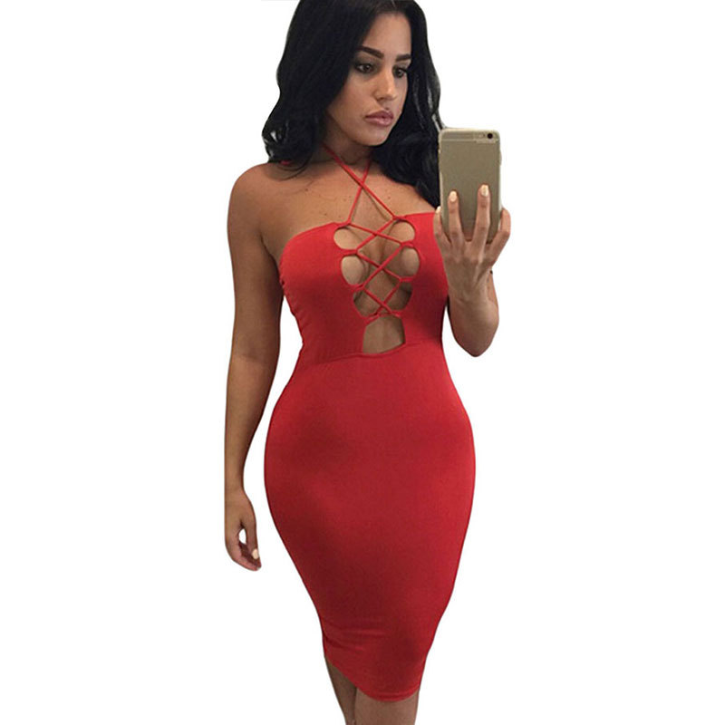 Sexy Halter Bandage Bodycon Backless Solid Short Party Dress