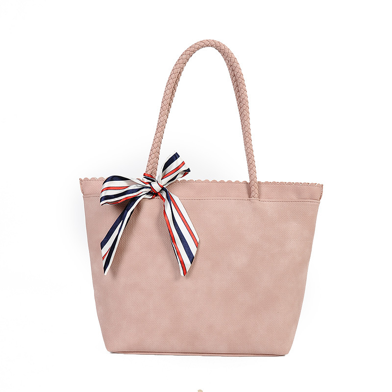 Faux Leather Tote Bag Featuring Striped Bow Accent Embellishment And Scallop Trimmed