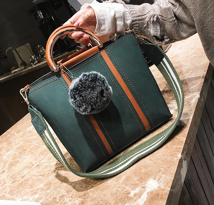 Colour Block Tote Bag, Handbag With Detachable Shoulder Strap And Pompom Keychain