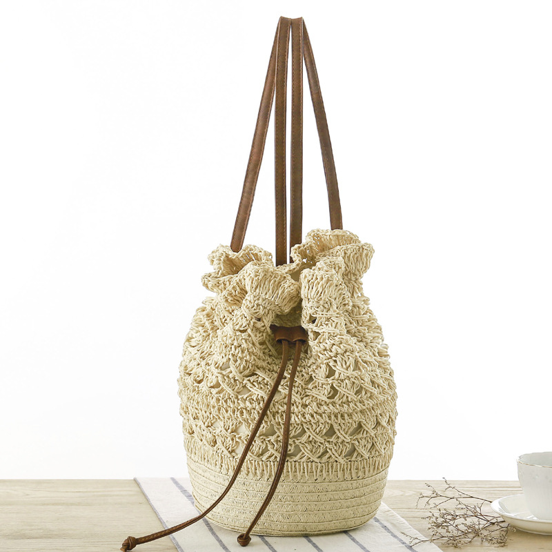 Handmade Crochet Hollow Drawstring Bucket Bag, Backpack