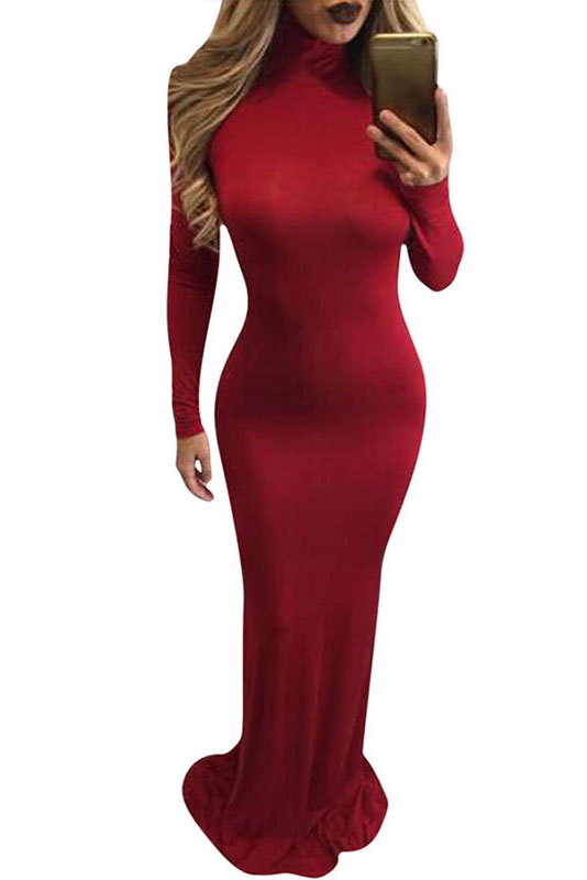 High Neck Slim Long Sleeves Pure Color Long Party Dress