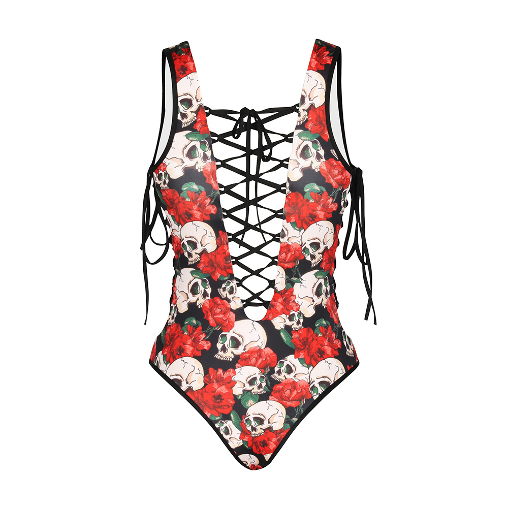 Skull Print Strappy Hollow Out One Piece Swimwear