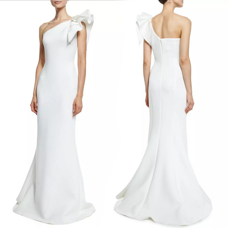 Falbala One Shoulder Slim Long White Party Dress